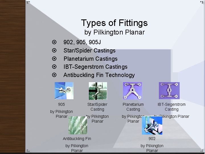 Types of Fittings by Pilkington Planar 902, 905 J Star/Spider Castings Planetarium Castings IBT-Segerstrom