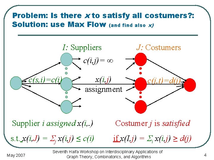 Problem: Is there x to satisfy all costumers? : Solution: use Max Flow (and