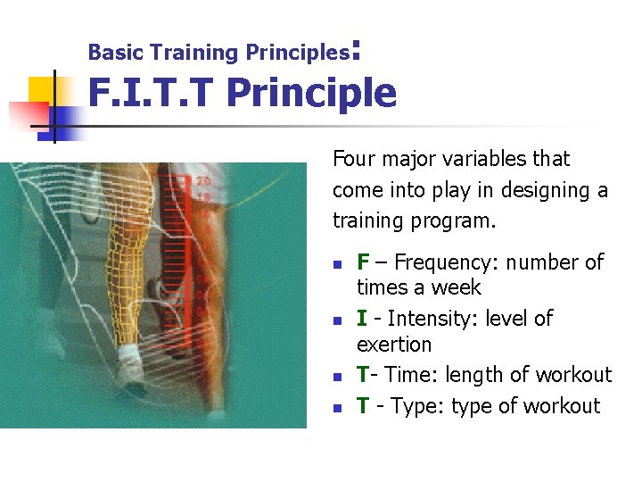 Basic Training Principles : F. I. T. T Principle Four major variables that come