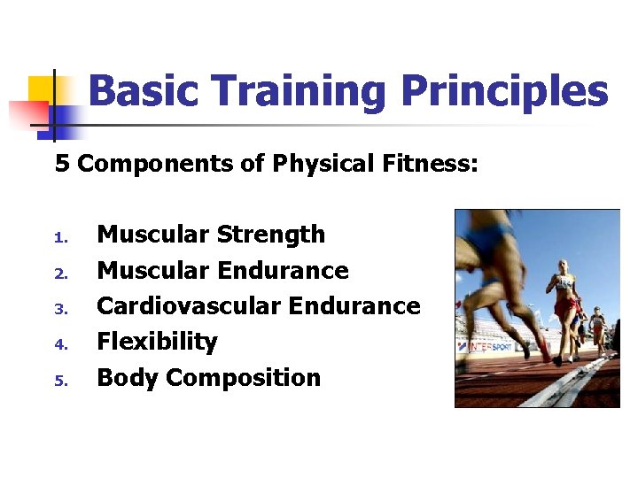 Basic Training Principles 5 Components of Physical Fitness: 1. 2. 3. 4. 5. Muscular