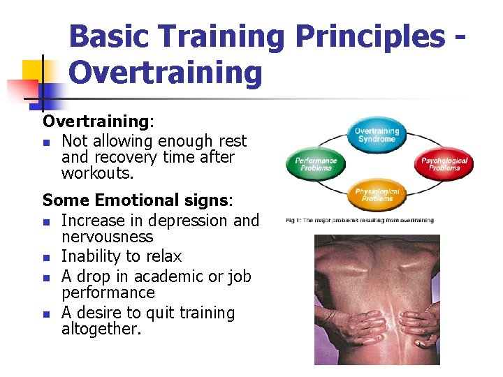 Basic Training Principles Overtraining: n Not allowing enough rest and recovery time after workouts.