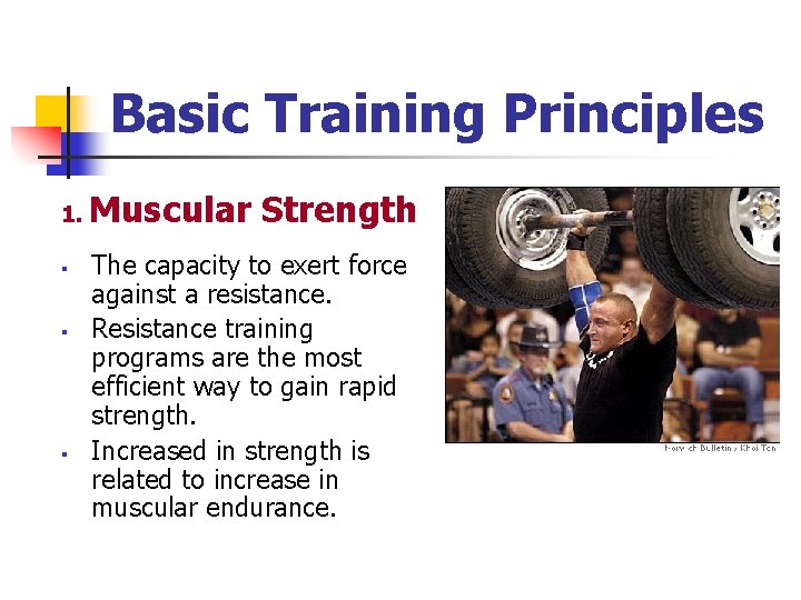 Basic Training Principles 1. § § § Muscular Strength The capacity to exert force