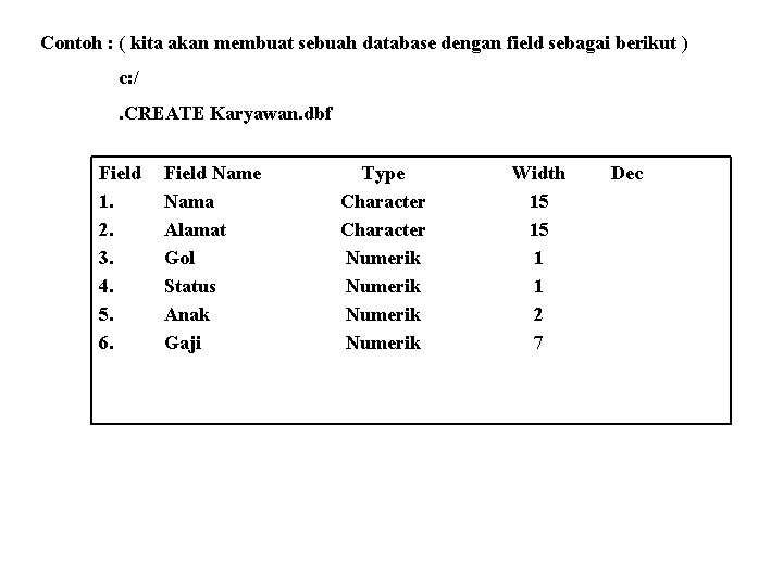 Contoh : ( kita akan membuat sebuah database dengan field sebagai berikut ) c: