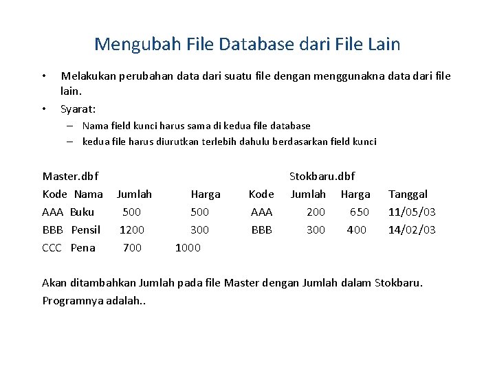 Mengubah File Database dari File Lain • • Melakukan perubahan data dari suatu file