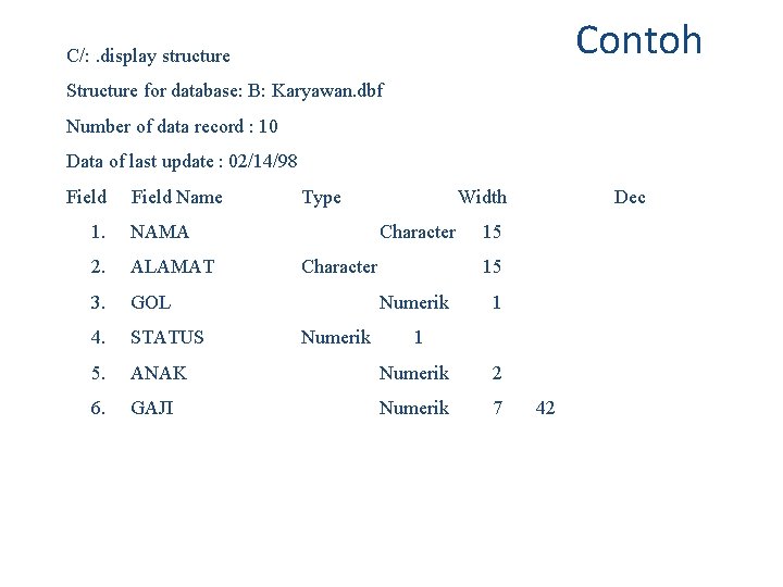 Contoh C/: . display structure Structure for database: B: Karyawan. dbf Number of data