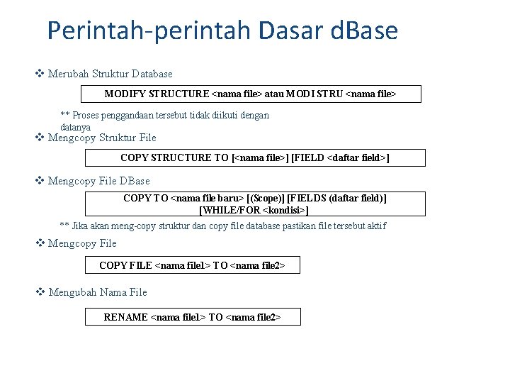 Perintah-perintah Dasar d. Base v Merubah Struktur Database MODIFY STRUCTURE <nama file> atau MODI