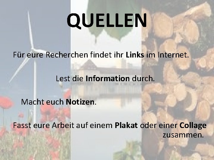 QUELLEN Für eure Recherchen findet ihr Links im Internet. Lest die Information durch. Macht