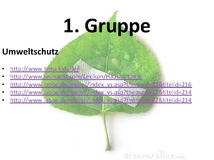 1. Gruppe Umweltschutz • • • http: //www. bmu-kids. de/ http: //www. seilnacht. com/Lexikon/Haushalt.