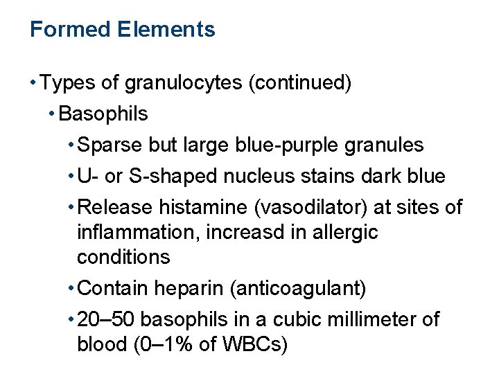 Formed Elements • Types of granulocytes (continued) • Basophils • Sparse but large blue-purple