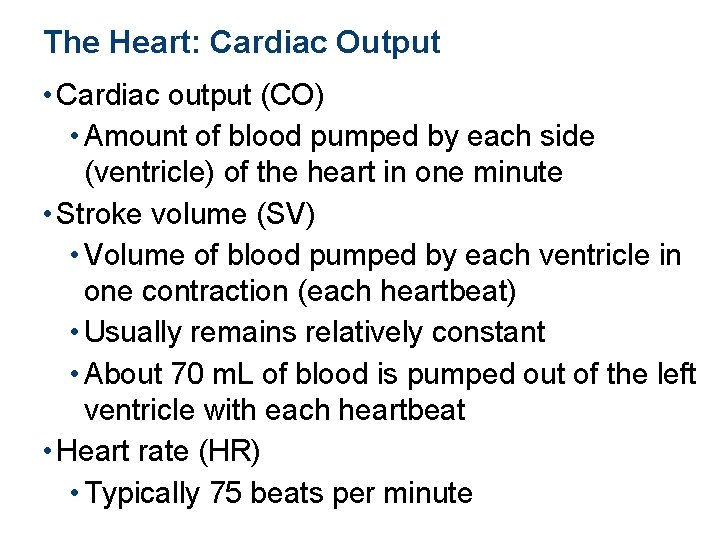 The Heart: Cardiac Output • Cardiac output (CO) • Amount of blood pumped by