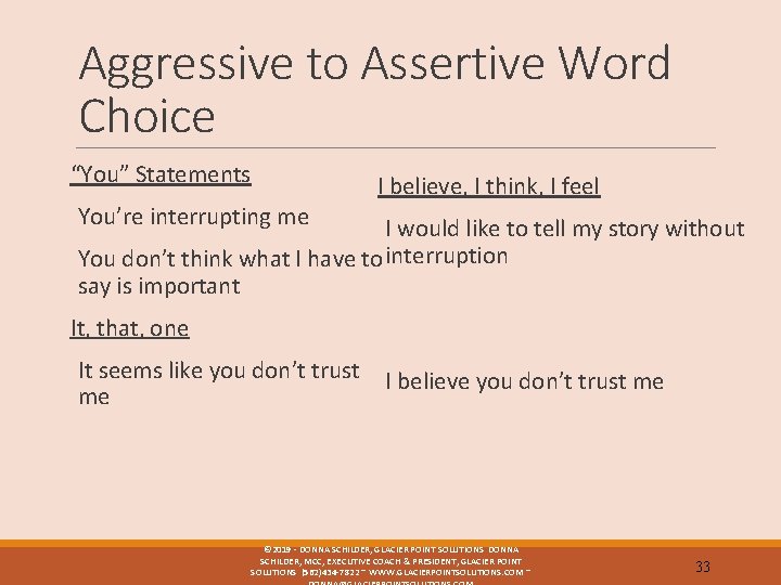 Aggressive to Assertive Word Choice “You” Statements I believe, I think, I feel You’re