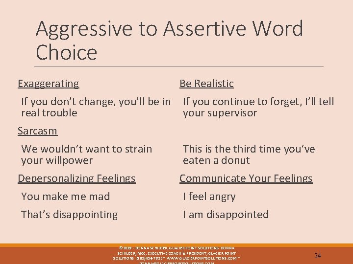 Aggressive to Assertive Word Choice Exaggerating Be Realistic If you don’t change, you’ll be