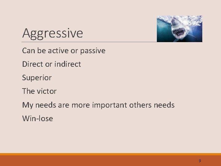 Aggressive Can be active or passive Direct or indirect Superior The victor My needs