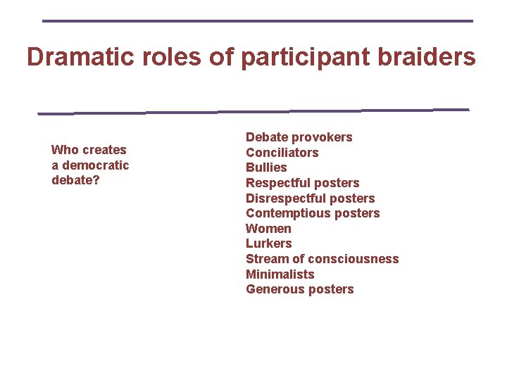 Dramatic roles of participant braiders Who creates a democratic debate? Debate provokers Conciliators Bullies