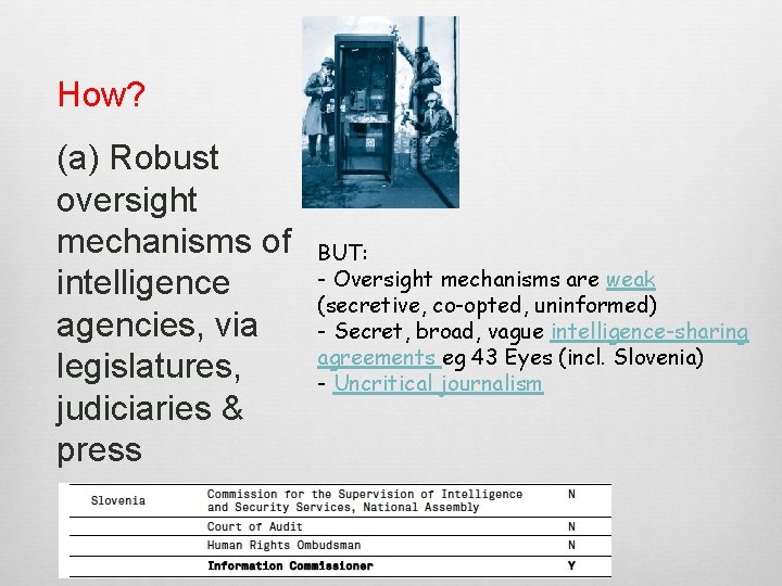 How? (a) Robust oversight mechanisms of intelligence agencies, via legislatures, judiciaries & press BUT: