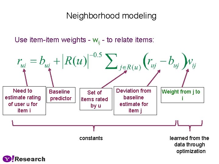 Neighborhood modeling Use item-item weights - wij - to relate items: Need to estimate