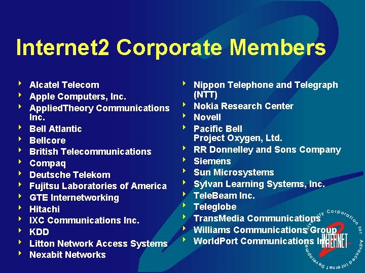 Internet 2 Corporate Members 8 Alcatel Telecom 8 Apple Computers, Inc. 8 Applied. Theory