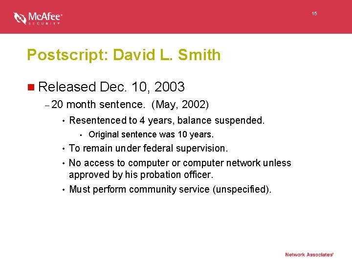 15 Postscript: David L. Smith n Released – 20 Dec. 10, 2003 month sentence.