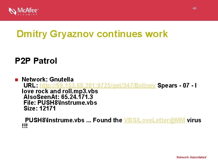 43 Dmitry Gryaznov continues work P 2 P Patrol n Network: Gnutella URL: http: