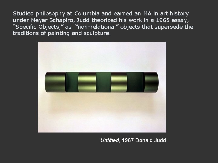 Studied philosophy at Columbia and earned an MA in art history under Meyer Schapiro,