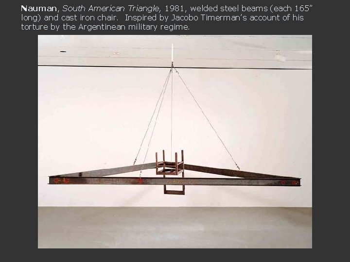 Nauman, South American Triangle, 1981, welded steel beams (each 165” long) and cast iron