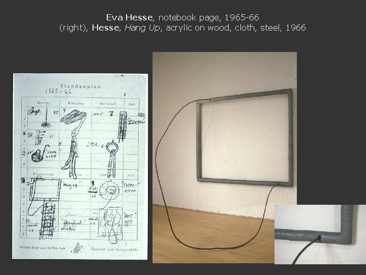Eva Hesse, notebook page, 1965 -66 (right), Hesse, Hang Up, acrylic on wood, cloth,