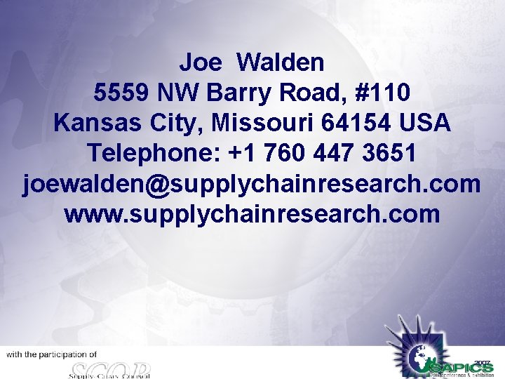 Joe Walden 5559 NW Barry Road, #110 Kansas City, Missouri 64154 USA Telephone: +1