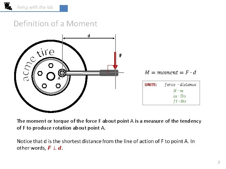 living with the lab Definition of a Moment d F A UNITS: The moment