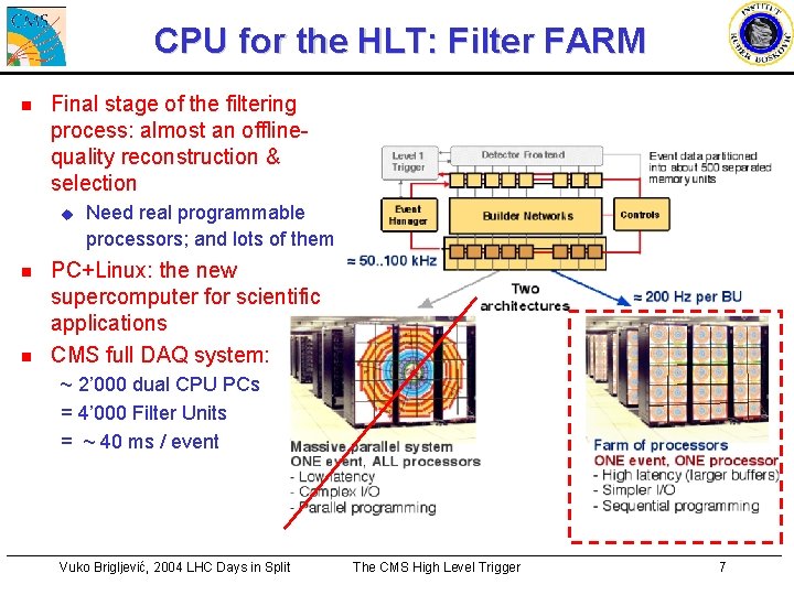 CPU for the HLT: Filter FARM n Final stage of the filtering process: almost