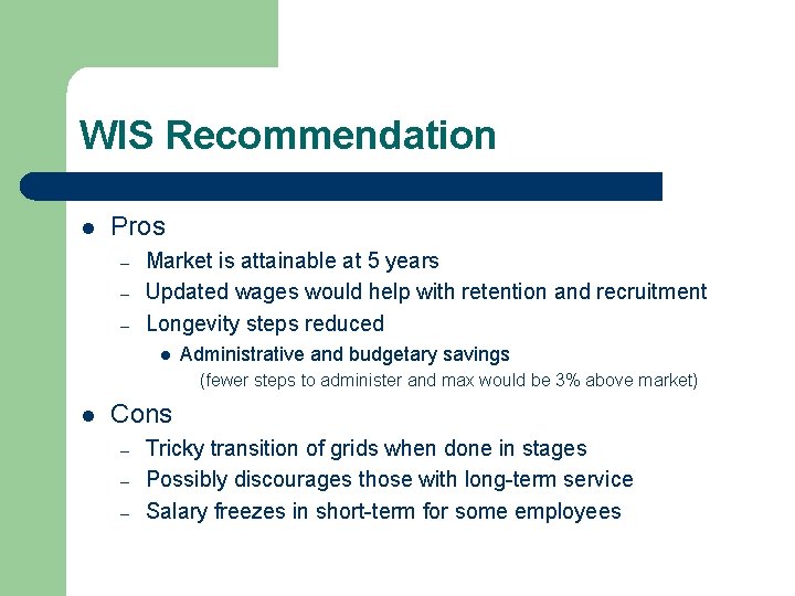 WIS Recommendation l Pros – – – Market is attainable at 5 years Updated