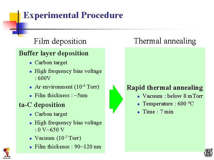 Experimental Procedure Film deposition Thermal annealing Buffer layer deposition n n Carbon target High