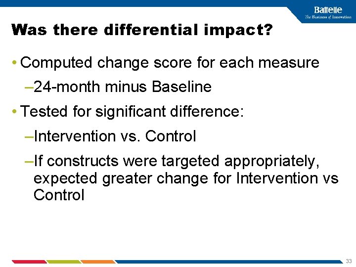 Was there differential impact? • Computed change score for each measure – 24 -month
