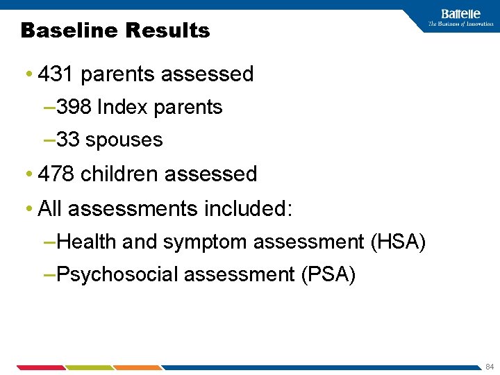 Baseline Results • 431 parents assessed – 398 Index parents – 33 spouses •