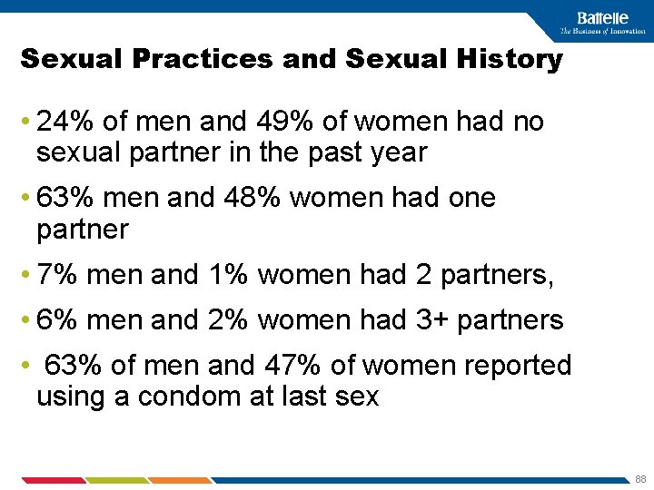 Sexual Practices and Sexual History • 24% of men and 49% of women had