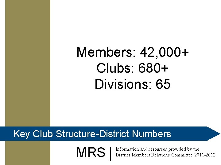 Members: 42, 000+ Clubs: 680+ Divisions: 65 Key Club Structure-District Numbers MRS Information and