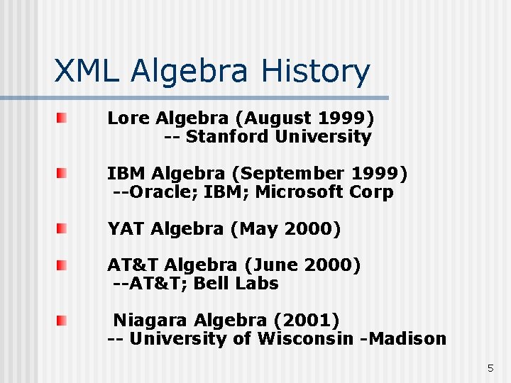 XML Algebra History Lore Algebra (August 1999) -- Stanford University IBM Algebra (September 1999)