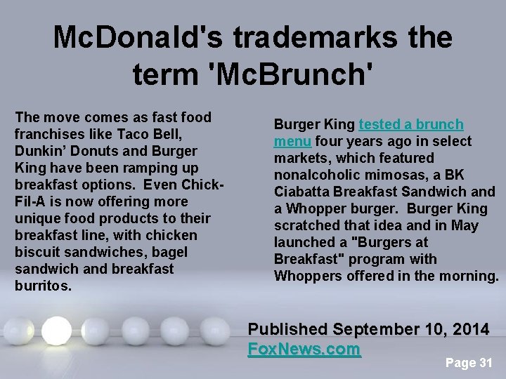 Mc. Donald's trademarks the term 'Mc. Brunch' The move comes as fast food franchises