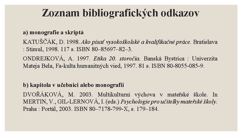 Zoznam bibliografických odkazov a) monografie a skriptá KATUŠČÁK, D. 1998. Ako písať vysokoškolské a