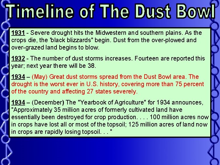1931 - Severe drought hits the Midwestern and southern plains. As the crops die,