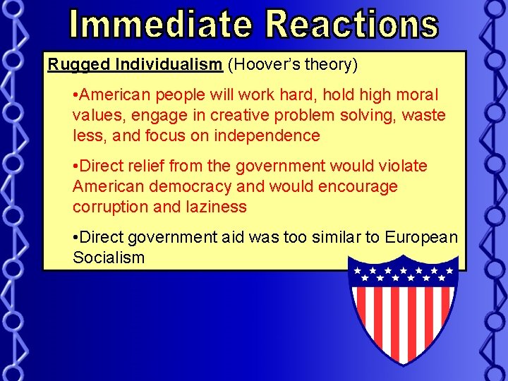 Rugged Individualism (Hoover’s theory) • American people will work hard, hold high moral values,