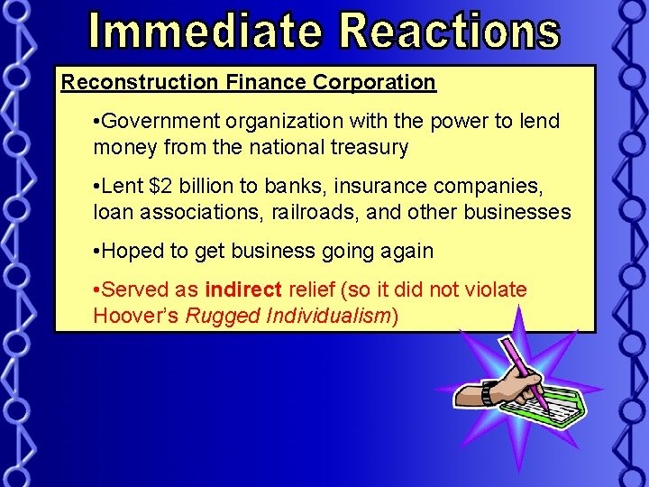 Reconstruction Finance Corporation • Government organization with the power to lend money from the