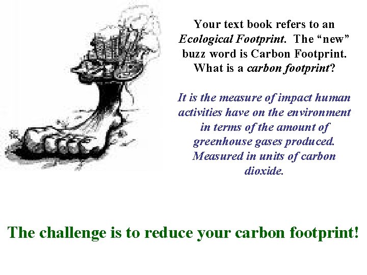 Your text book refers to an Ecological Footprint. The “new” buzz word is Carbon