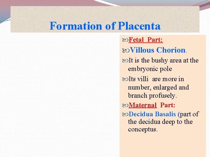 Formation of Placenta Fetal Part: Villous Chorion. It is the bushy area at the