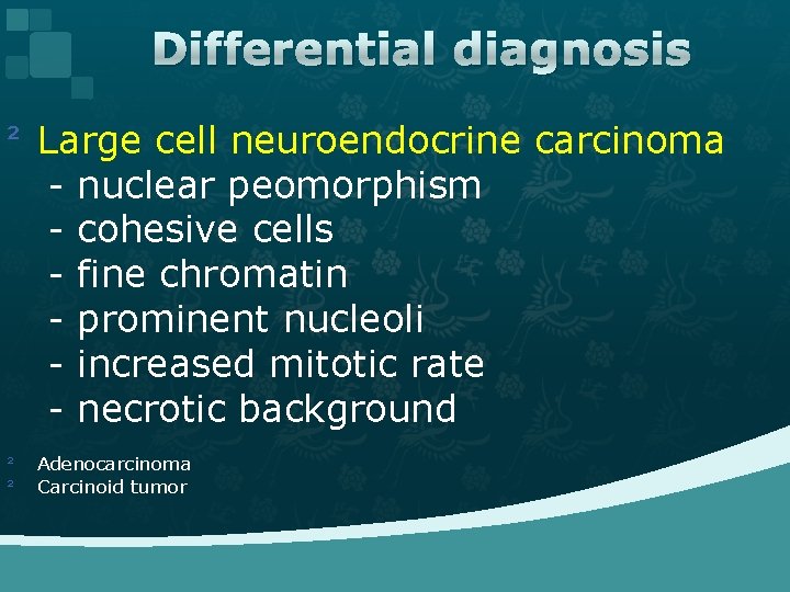 Differential diagnosis ² Large cell neuroendocrine carcinoma - nuclear peomorphism - cohesive cells -