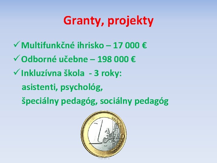 Granty, projekty ü Multifunkčné ihrisko – 17 000 € ü Odborné učebne – 198