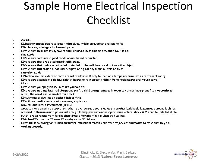 Sample Home Electrical Inspection Checklist • • • • • • • Outlets �Check