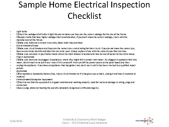 Sample Home Electrical Inspection Checklist • • • • • • Light Bulbs �Check