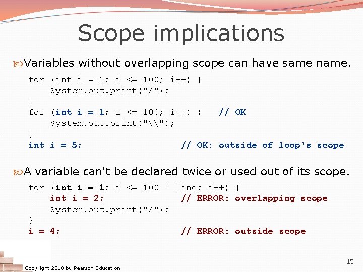 Scope implications Variables without overlapping scope can have same name. for (int i =