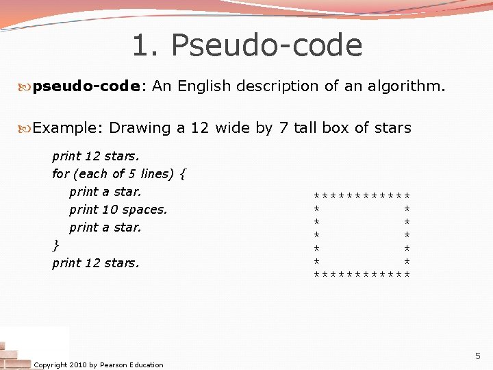 1. Pseudo-code pseudo-code: An English description of an algorithm. Example: Drawing a 12 wide