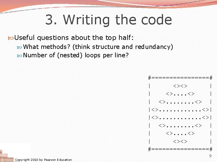 3. Writing the code Useful questions about the top half: What methods? (think structure